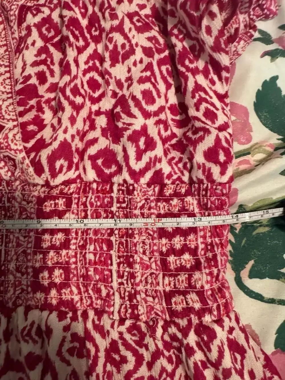 J Gee Pink and White Patterned Smocked Waist Midi Dress Size S
